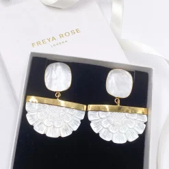 Freya Rose Pearl Jewellery | Wedding Guest Jewellery*Gold Hand Carved Mother of Pearl Rose Fan Drop Earrings