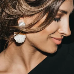 Freya Rose Pearl Jewellery | Wedding Guest Jewellery*Gold Hand Carved Mother of Pearl Rose Fan Drop Earrings