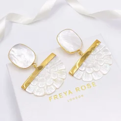 Freya Rose Pearl Jewellery | Wedding Guest Jewellery*Gold Hand Carved Mother of Pearl Rose Fan Drop Earrings