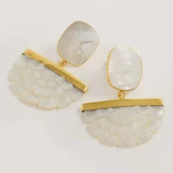 Freya Rose Pearl Jewellery | Wedding Guest Jewellery*Gold Hand Carved Mother of Pearl Rose Fan Drop Earrings