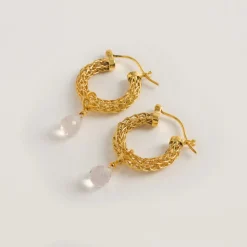 Freya Rose Bridesmaid Gifts | Bride Gifts*Gold Weave Mini Hoop Earrings with Rose Quartz Crystals