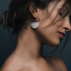 Freya Rose Pearl Jewellery | Rose Gold Wedding Jewellery*Hand Carved Mother of Pearl Rose Hoop Earrings