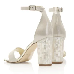 Freya Rose Wedding Guest Shoes | Wedding Shoes*Martene Suede Mother of Pearl Block Heel Sandals Champagne