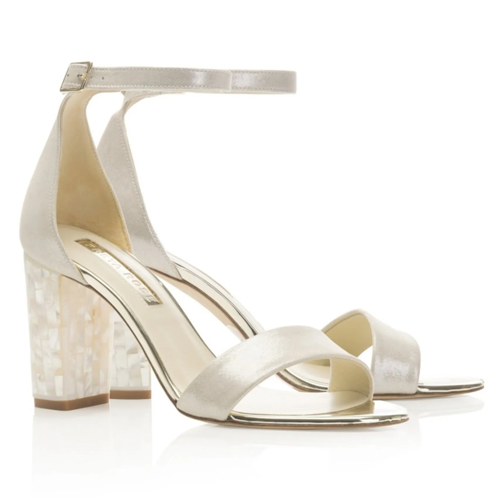 Freya Rose Wedding Guest Shoes | Wedding Shoes*Martene Suede Mother of Pearl Block Heel Sandals Champagne