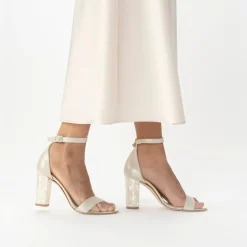 Freya Rose Wedding Guest Shoes | Wedding Shoes*Martene Suede Mother of Pearl Block Heel Sandals Champagne