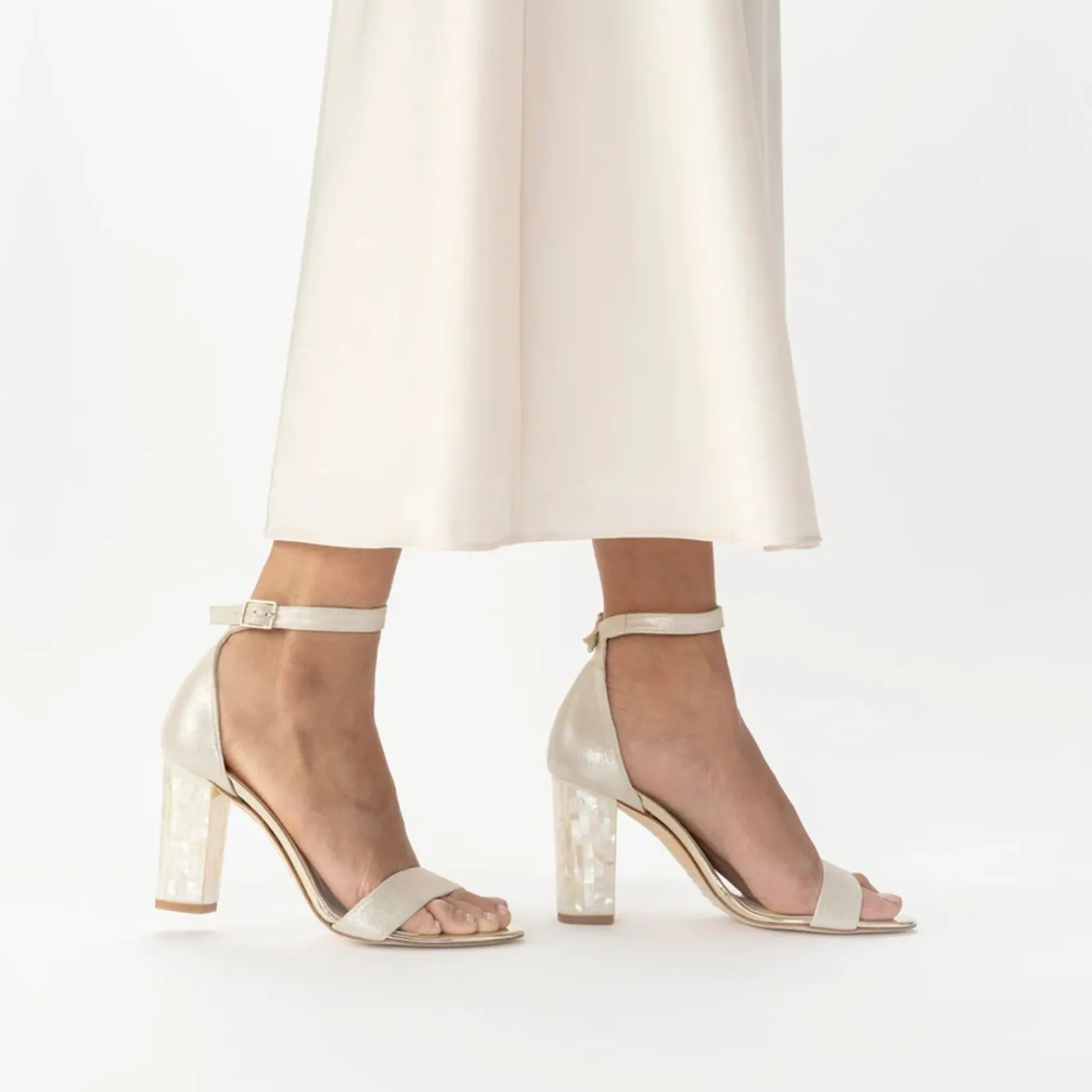 Freya Rose Wedding Guest Shoes | Wedding Shoes*Martene Suede Mother of Pearl Block Heel Sandals Champagne