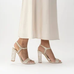 Freya Rose Wedding Guest Shoes | Mother Of The Bride Shoes*Martina Suede Mother of Pearl Block Heel Sandals Champagne