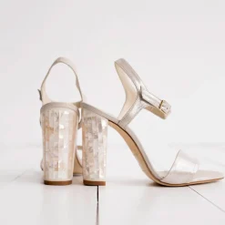 Freya Rose Wedding Guest Shoes | Mother Of The Bride Shoes*Martina Suede Mother of Pearl Block Heel Sandals Champagne
