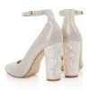 Freya Rose Wedding Guest Shoes | Wedding Shoes*Monica Suede Mother of Pearl Block Heel Courts Champagne