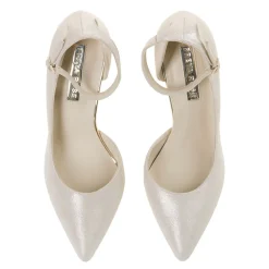 Freya Rose Wedding Guest Shoes | Wedding Shoes*Monica Suede Mother of Pearl Block Heel Courts Champagne