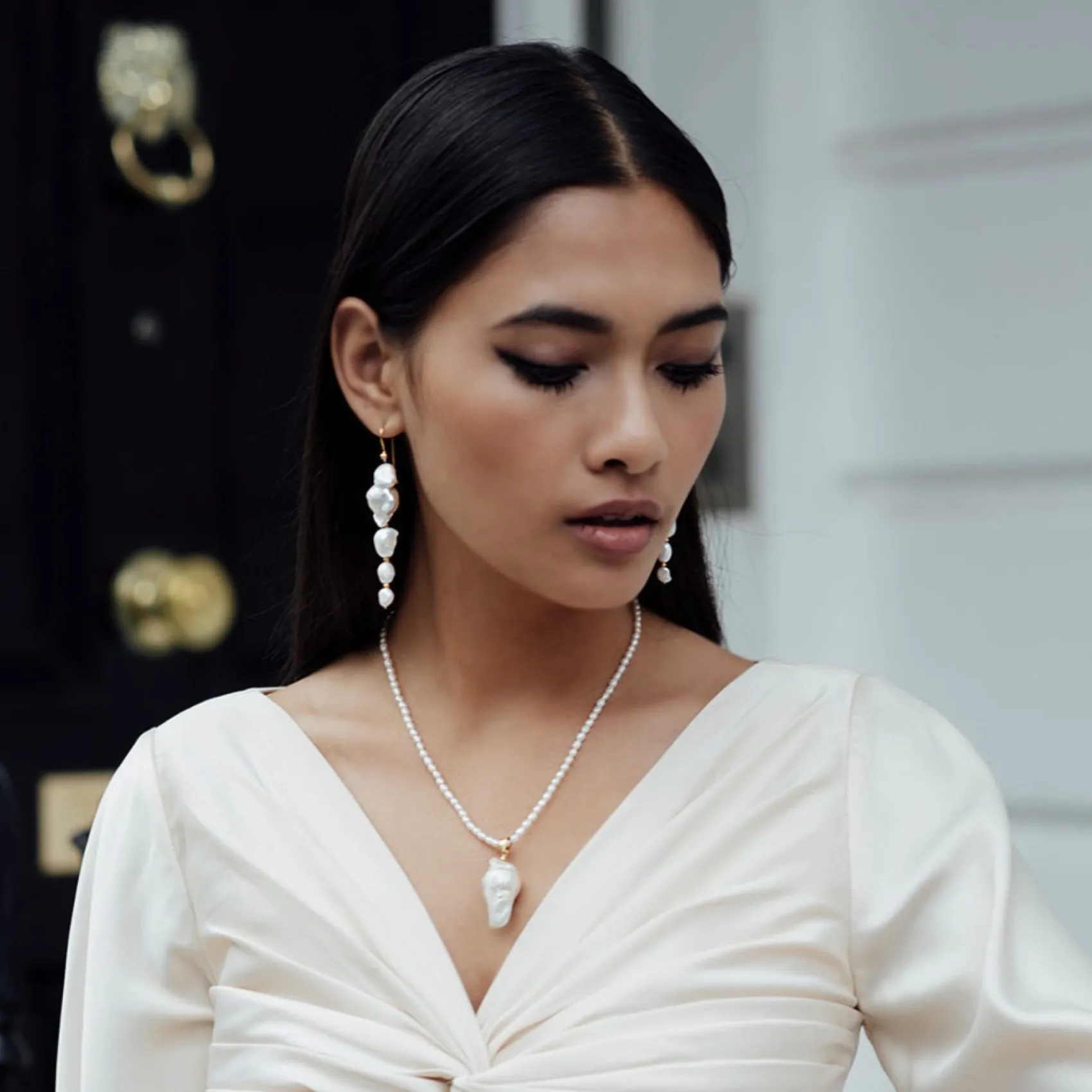 Freya Rose Pearl Jewellery | Gold Wedding Jewellery*Rice Pearl Necklace with Large Baroque Pearl Pendant