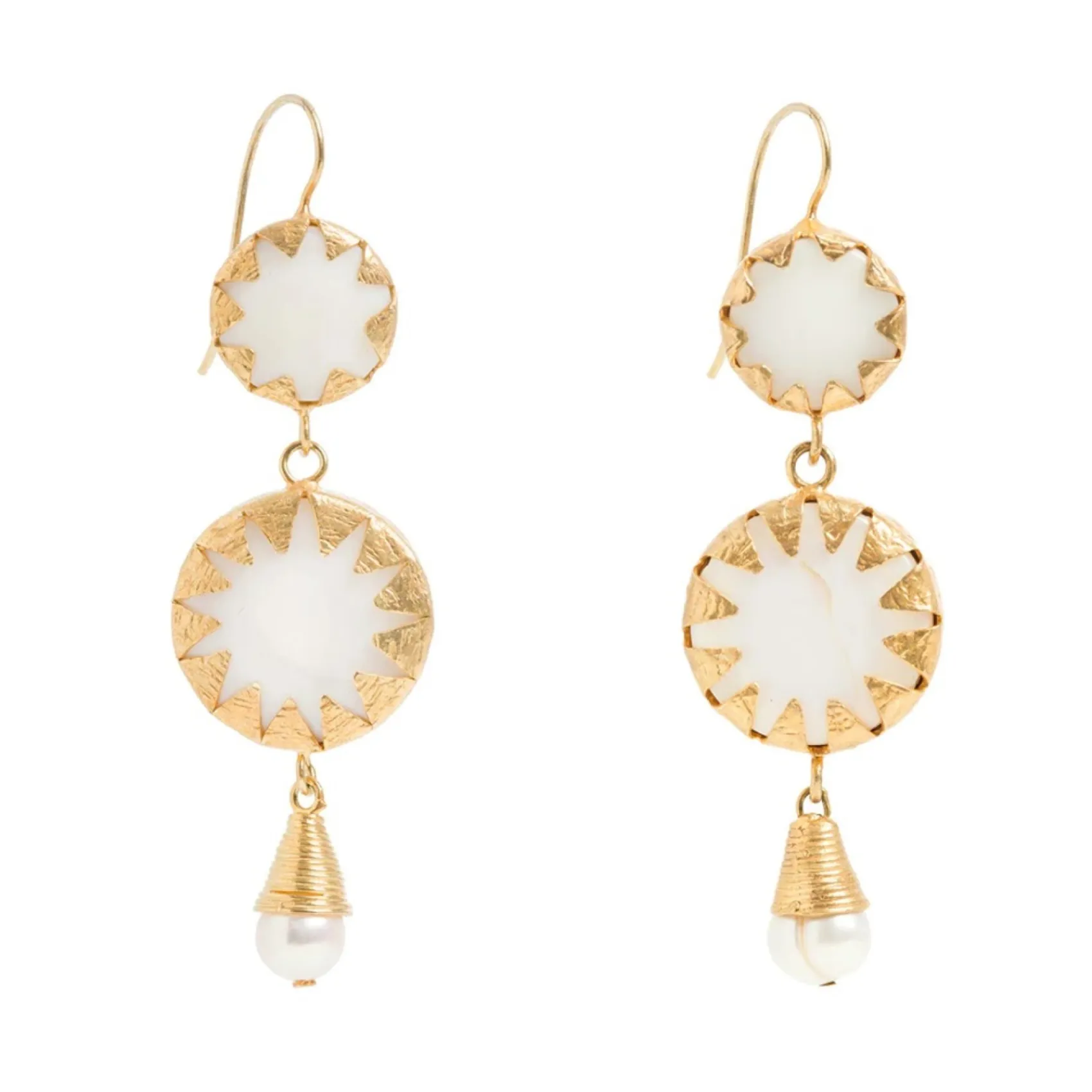 Freya Rose Pearl Jewellery | Gold Wedding Jewellery*Warrioress Medallion Statement Mother of Pearl Earrings Ivory/ Gold