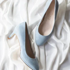 Harriet Wilde Wedding Guest Shoes | Mother Of The Bride Shoes*Amy Low Heel Blue Suede Platform Court Shoes Misty Blue
