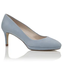 Harriet Wilde Wedding Guest Shoes | Mother Of The Bride Shoes*Amy Low Heel Blue Suede Platform Court Shoes Misty Blue