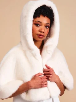 Helen Moore Faux Fur Jackets, Capes And Shawls | Wedding Capes & Wraps*Faux Fur Short Hooded Bridal Cape Ivory