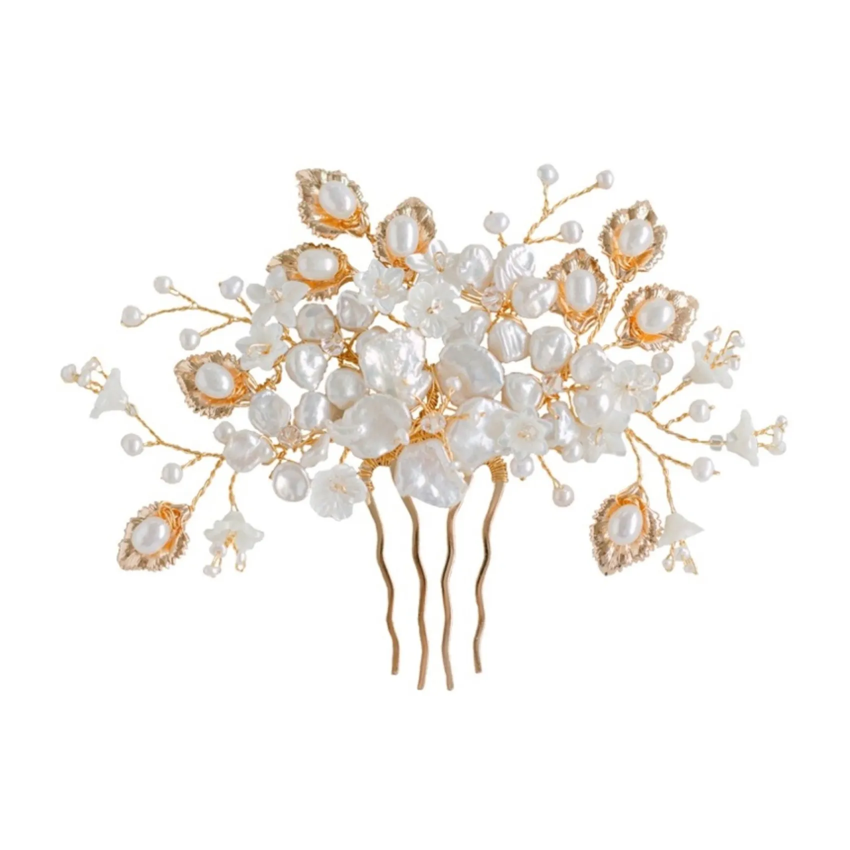 Hermione Harbutt Pearl Hair Accessories | Gold Hair Accessories*Boheme Golden Leaves and Mother of Pearl Flowers Comb Ivory/ Gold