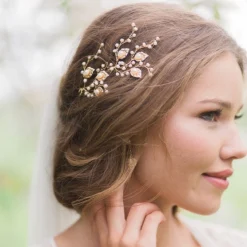 Hermione Harbutt Bride Gifts | Pearl Hair Accessories*Celeste Gold Leaves and Freshwater Pearl Hair Pin Gold/ Ivory