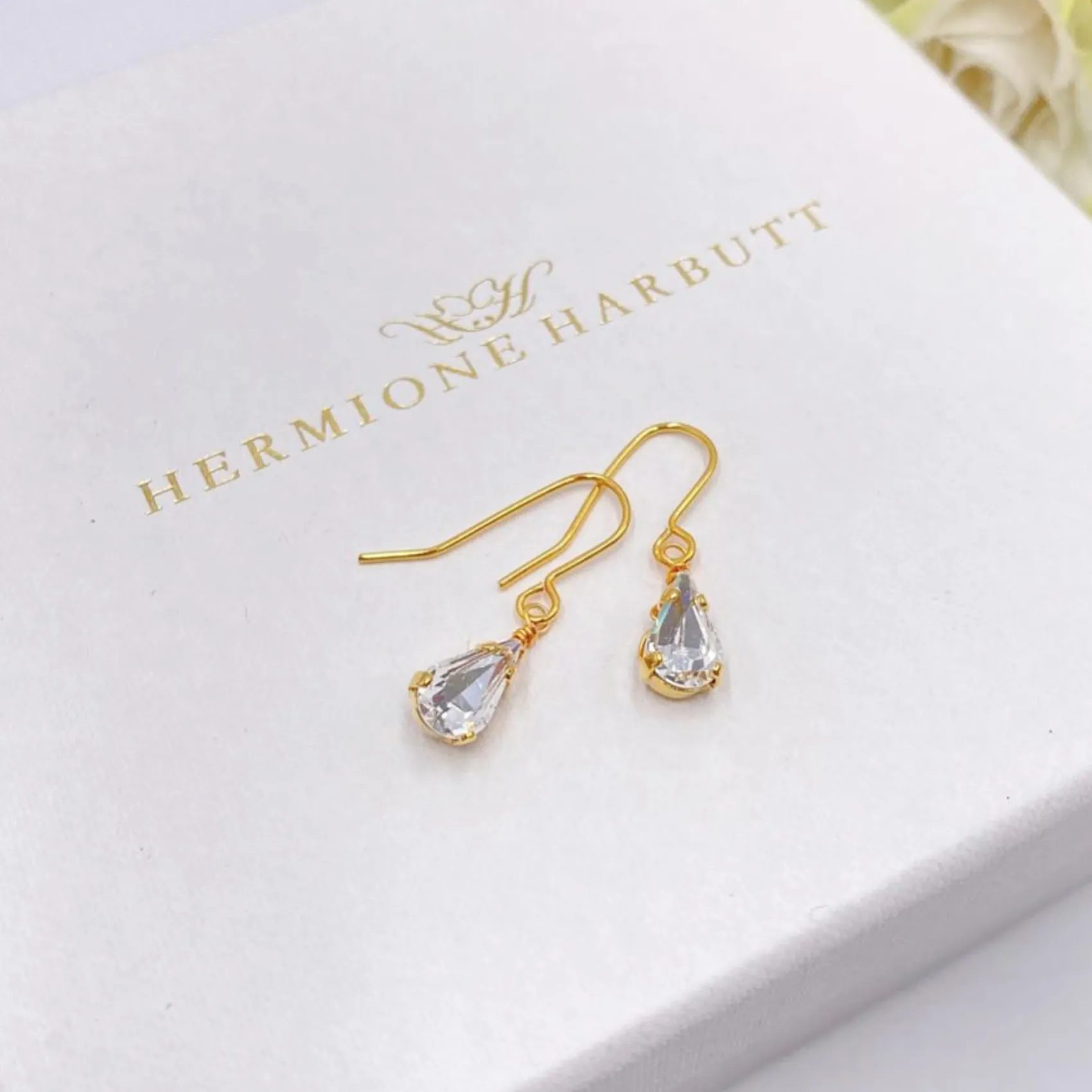 Hermione Harbutt Bridesmaid Gifts | Bride Gifts*Paris Crystal Teardrop Earrings Gold