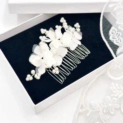Beads & Beyond Pearl Hair Accessories | Silver Hair Accessories*Hydrangea Dainty Fabric Flowers and Pearl Bridal Hair Comb Ivory