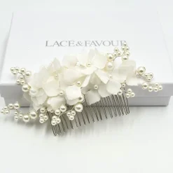 Beads & Beyond Pearl Hair Accessories | Silver Hair Accessories*Hydrangea Fabric Flowers and Pearl Bridal Hair Comb Ivory