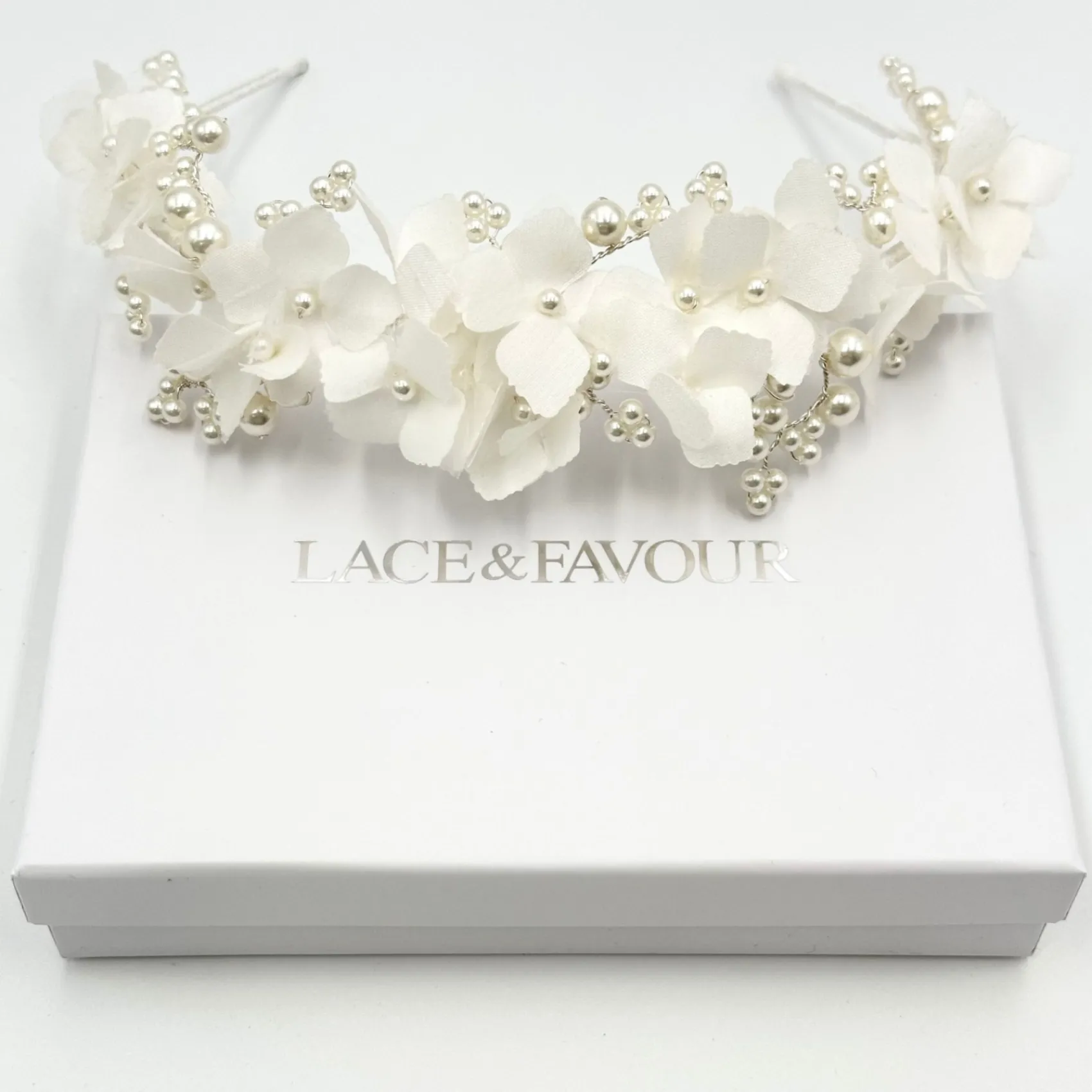Beads & Beyond Pearl Hair Accessories | Silver Hair Accessories*Hydrangea Fabric Flowers and Pearl Bridal Headband Ivory