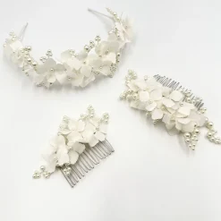 Beads & Beyond Pearl Hair Accessories | Silver Hair Accessories*Hydrangea Fabric Flowers and Pearl Bridal Hair Comb Ivory