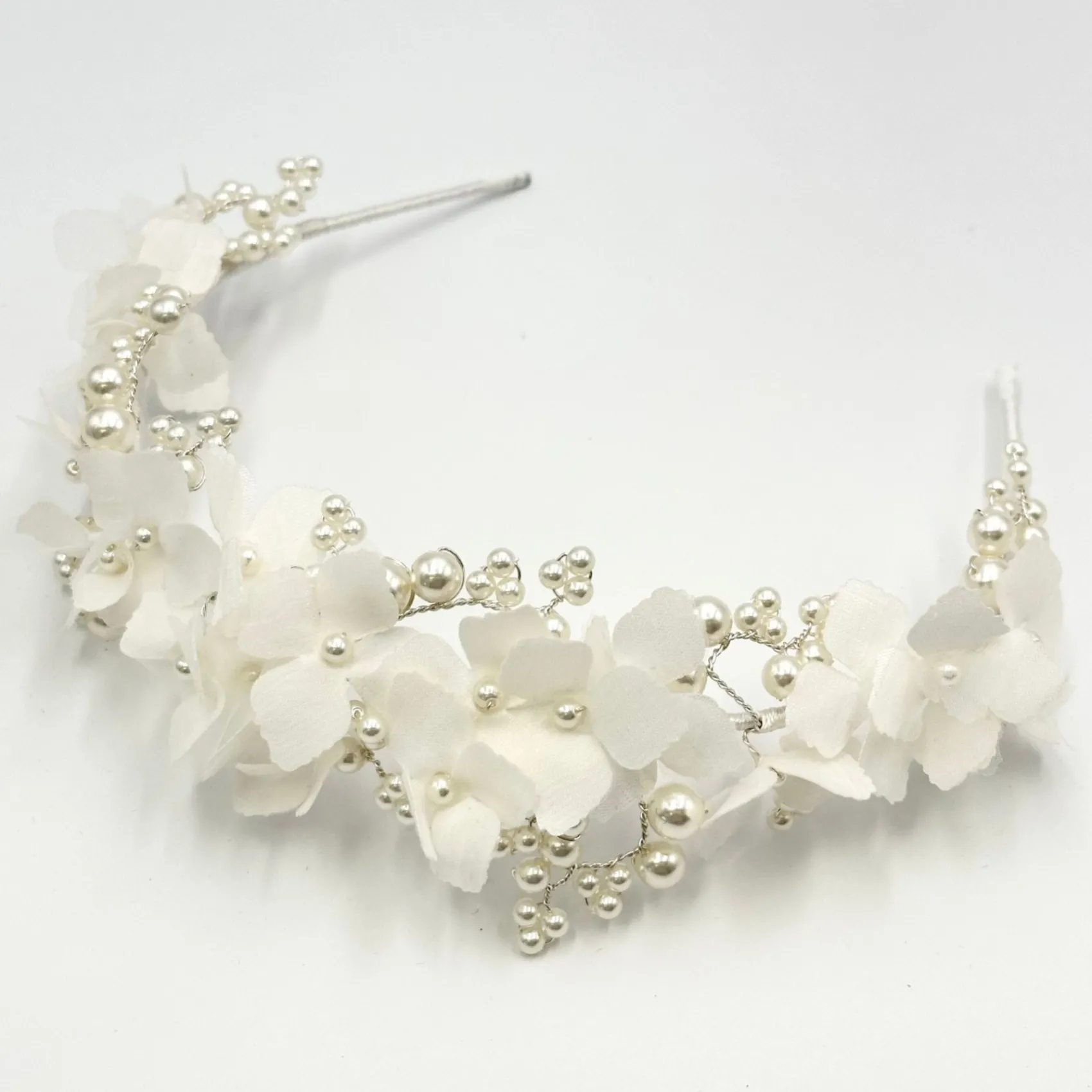 Beads & Beyond Pearl Hair Accessories | Silver Hair Accessories*Hydrangea Fabric Flowers and Pearl Bridal Headband Ivory