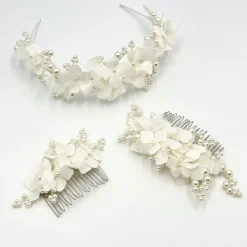 Beads & Beyond Pearl Hair Accessories | Silver Hair Accessories*Hydrangea Fabric Flowers and Pearl Bridal Hair Comb Ivory