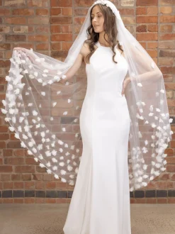 Perfect Bridal Single Tier Veils | Waltz Length Veils*Single Tier Heavily Embellished 3D Flowers Waltz Length Veil Ivory