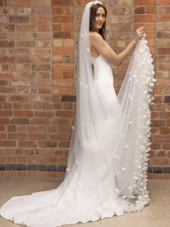 Perfect Bridal Single Tier Veils | Chapel Length & Cathedral Veils*Single Tier Heavily Embellished 3D Flower Cathedral Veil Ivory