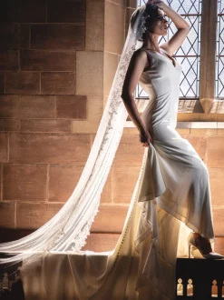 Perfect Bridal Single Tier Veils | Chapel Length & Cathedral Veils*Single Tier Pearl Cathedral Veil with Floral Lace Edge Ivory