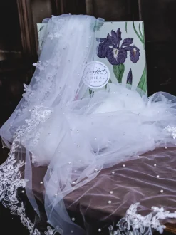 Perfect Bridal Single Tier Veils | Waltz Length Veils*Single Tier Pearl Waltz Length Veil with Floral Lace Edge Ivory