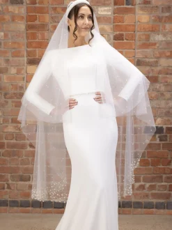 Perfect Bridal Two Tier Veils | Waltz Length Veils*Two Tier Heavily Embellished Pearl Waltz Length Veil Ivory