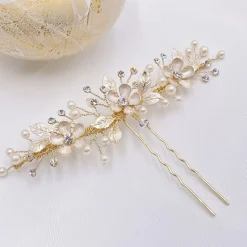 Twilight Designs Pearl Hair Accessories | Gold Hair Accessories*Jen Gold Flowers and Leaves Hair Pin Ivory/ Gold