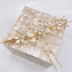 Twilight Designs Pearl Hair Accessories | Gold Hair Accessories*Jen Gold Flowers and Leaves Hair Pin Ivory/ Gold