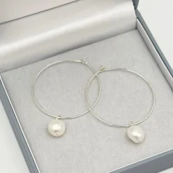 Lace & Favour Pearl Jewellery | Silver Wedding Jewellery*Kaliko Delicate Silver Hoop Earrings with Freshwater Pearl Drop Ivory/ Silver