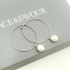 Lace & Favour Pearl Jewellery | Silver Wedding Jewellery*Kaliko Delicate Silver Hoop Earrings with Freshwater Pearl Drop Ivory/ Silver