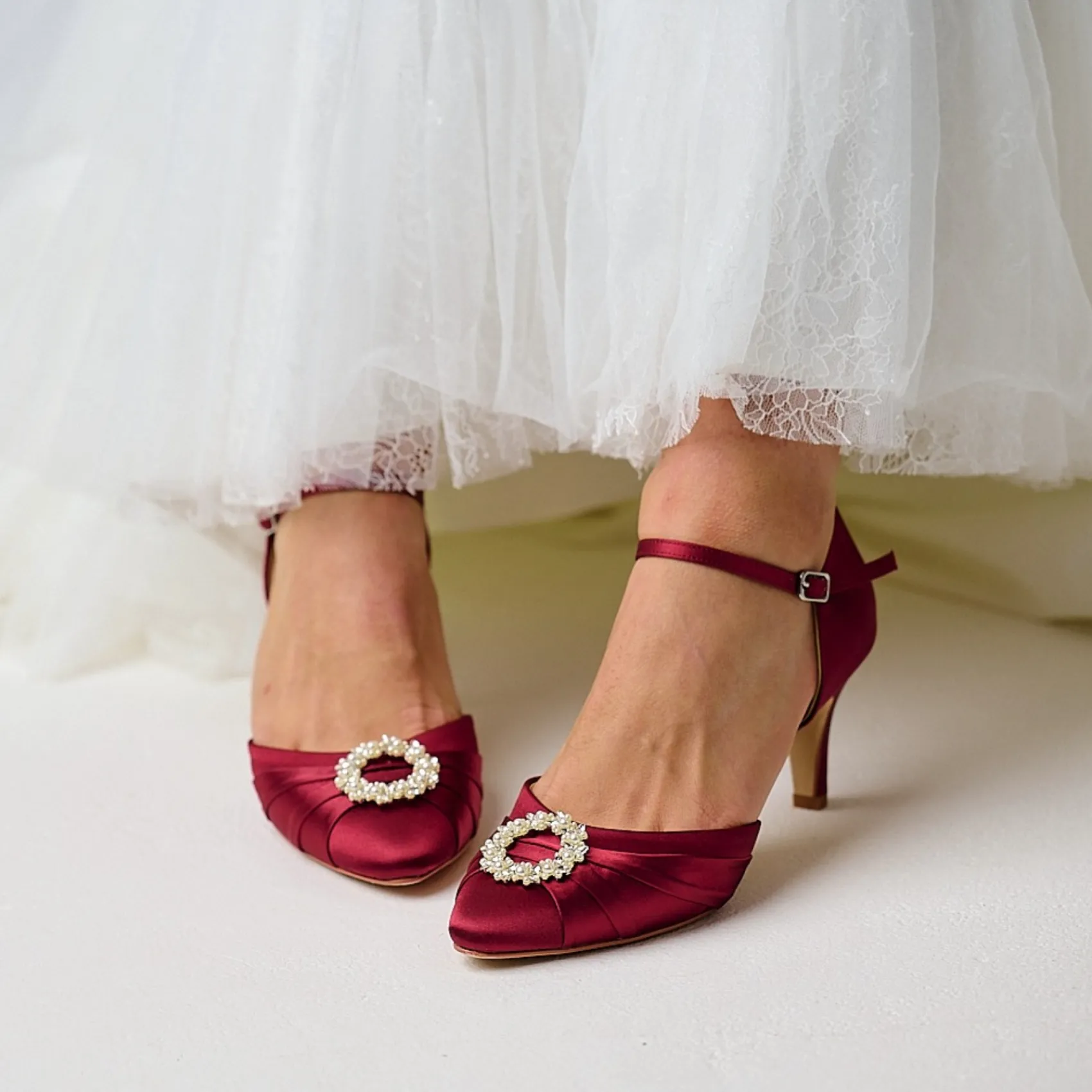 Perfect Bridal Wedding Guest Shoes | Mother Of The Bride Shoes*Kitty Satin Pearl Brooch Two Part Court Shoes Berry