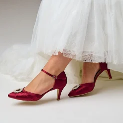 Perfect Bridal Wedding Guest Shoes | Mother Of The Bride Shoes*Kitty Satin Pearl Brooch Two Part Court Shoes Berry