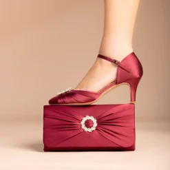 Perfect Bridal Wedding Guest Shoes | Mother Of The Bride Shoes*Kitty Satin Pearl Brooch Two Part Court Shoes Berry
