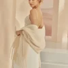 Bianco Evento Knitted Shawls | Wedding Capes & Wraps*Knitted Wedding Shawl with Tassels | E383 | Beige
