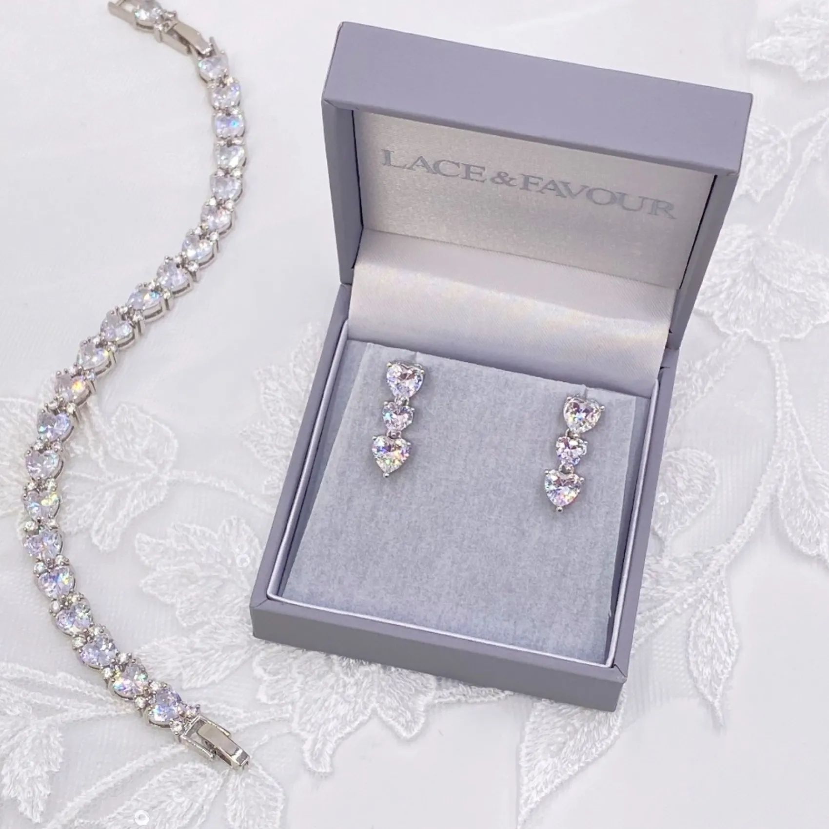 Lace & Favour Silver Prom Jewellery | Prom Earrings*Langham CZ Crystal Hearts Wedding Earrings Silver