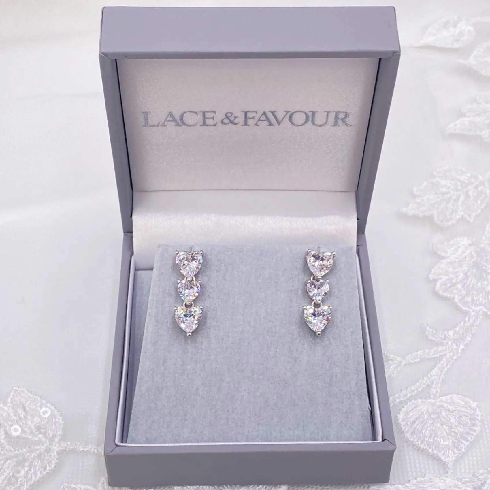 Lace & Favour Silver Prom Jewellery | Prom Earrings*Langham CZ Crystal Hearts Wedding Earrings Silver