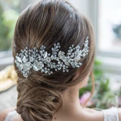 Twilight Designs Crystal Hair Accessories | Silver Hair Accessories*Layla Vine of Silver Enamelled Blossoms and Sprigs Hair Clip Ivory/Silver