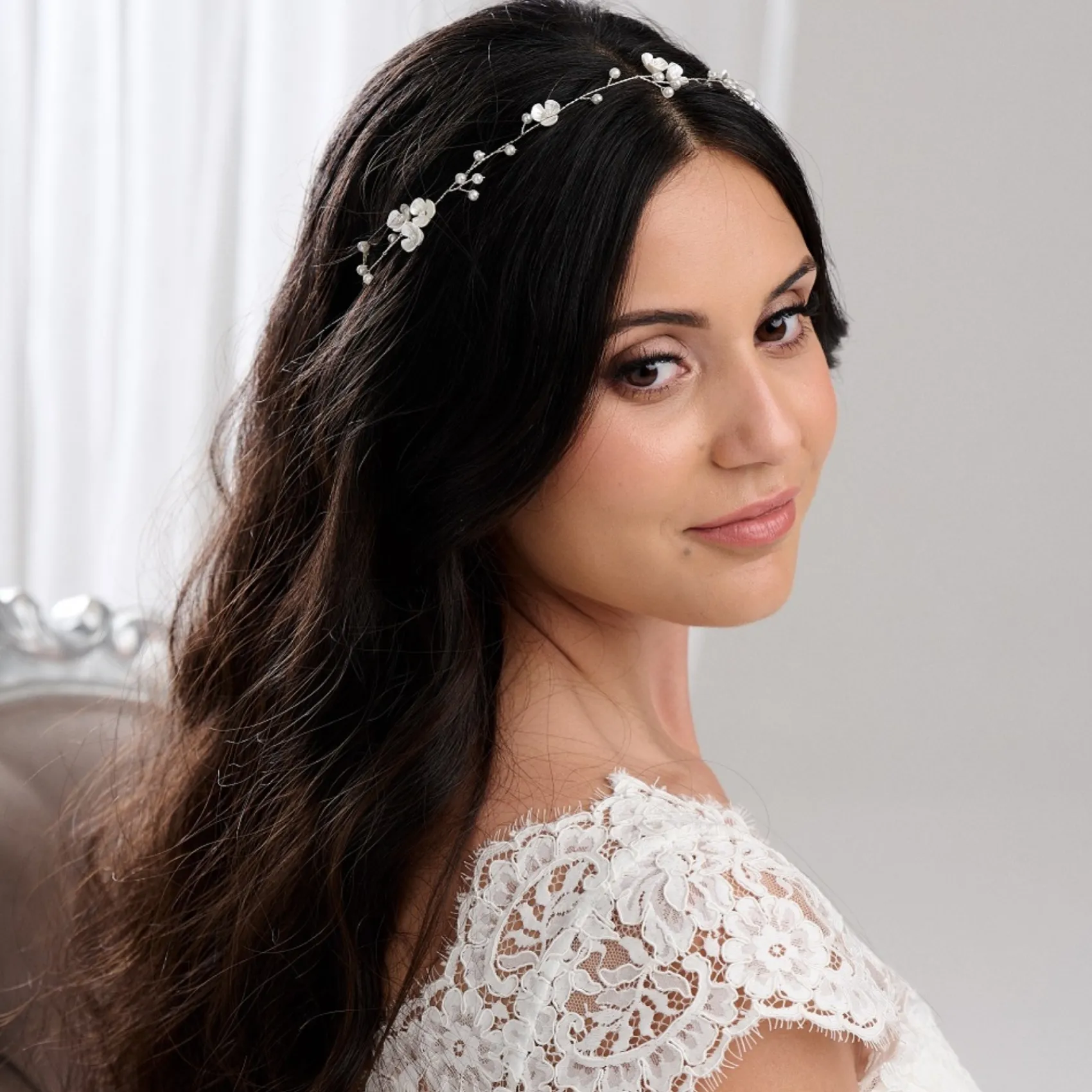 Lace & Favour Pearl Hair Accessories | Silver Hair Accessories*Letisha Ivory Flowers and Pearl Sprigs Wedding Hair Vine (Silver) Ivory/ Silver