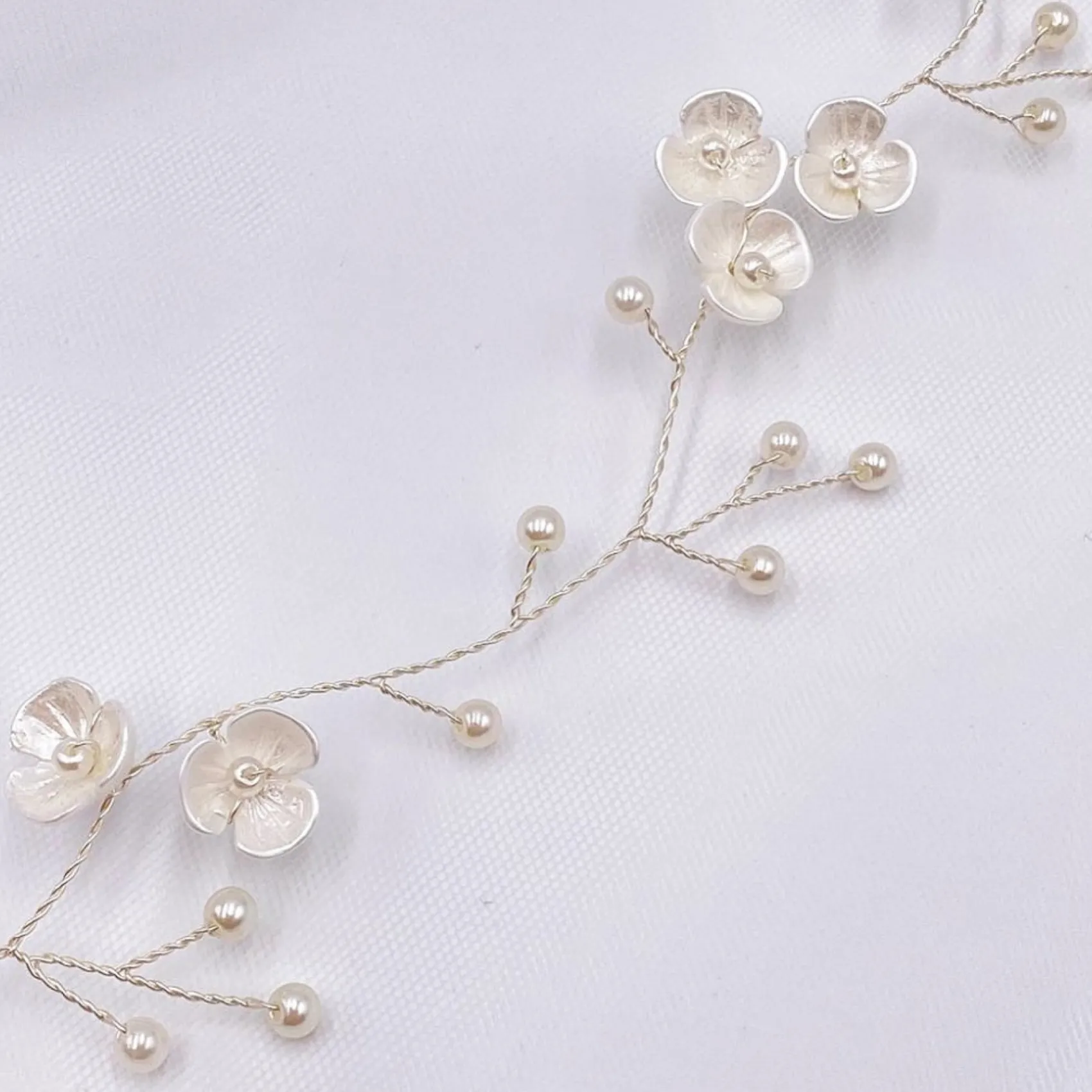 Lace & Favour Pearl Hair Accessories | Silver Hair Accessories*Letisha Ivory Flowers and Pearl Sprigs Wedding Hair Vine (Silver) Ivory/ Silver