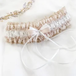 Boudoir Couture Bride Gifts | Bridal Garters*Liberty Blush and Ivory Lace Frill Bridal Garter with Double Bow Blush/ Nude/ Ivory