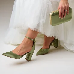 Perfect Bridal Wedding Guest Shoes | Mother Of The Bride Shoes*Liberty Satin Block Heel Ankle Strap Court Shoes Olive Green