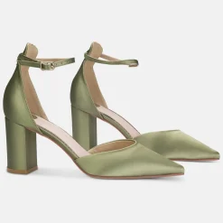 Perfect Bridal Wedding Guest Shoes | Mother Of The Bride Shoes*Liberty Satin Block Heel Ankle Strap Court Shoes Olive Green