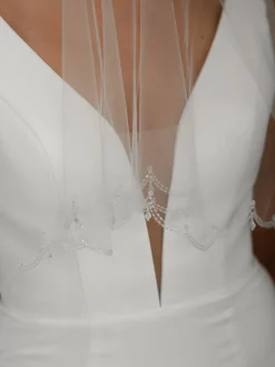 Linzi Jay Two Tier Veils | Fingertip Veils*Beaded Scalloped Edge Veil with Crystal Drops | LA941 Ivory
